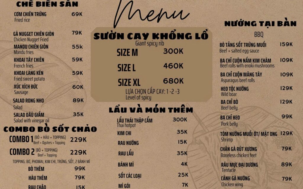 Menu quán Bếp Khói