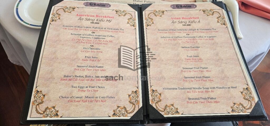 Một phần thực đơn của nhà hàng