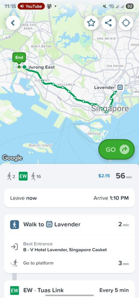 Nếu đi MRT bạn chỉ cần bắt tuyến xanh lá, nhưng thời gian di chuyển gần 1 tiếng...